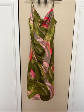 BCBG Olive Green Pink Abstract Midi Slip Dress